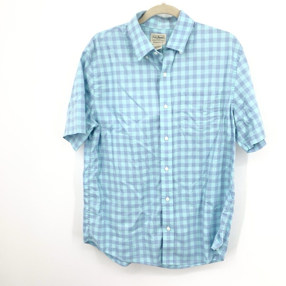 LL Bean Men Size Medium Shirt Button Down Short Sleeve Top‎ Blue Check Plaid